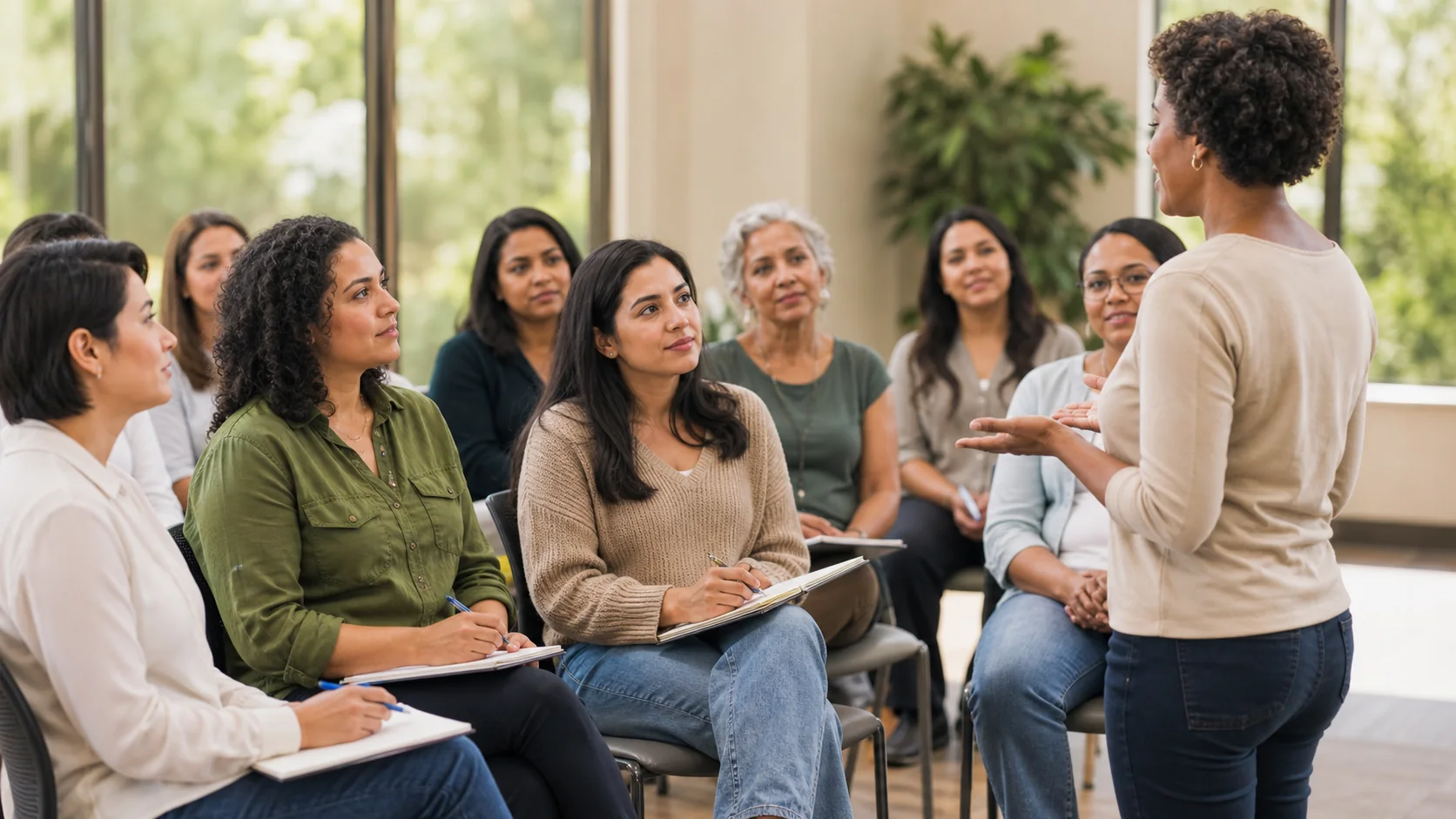 Community prevention workshop with participants listening to a facilitator