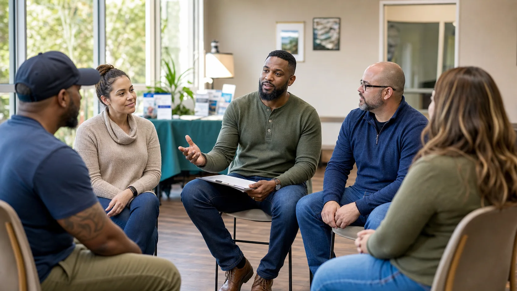 Veterans participating in a supportive community workshop